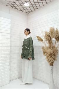 Kadın Bisiklet Yaka Etekleri Püskül Detaylı Delikli Bluz