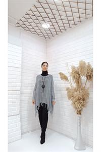 Kadın Bisiklet Yaka Etekleri Püsküllü Yarasa Kol Panço Bluz