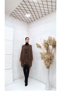 Kadın Bisiklet Yaka Etekleri Püsküllü Yarasa Kol Panço Bluz