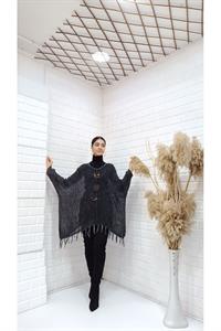 Kadın Bisiklet Yaka Etekleri Püsküllü Yarasa Kol Panço Bluz