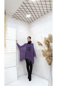 Kadın Bisiklet Yaka Etekleri Püsküllü Yarasa Kol Panço Bluz