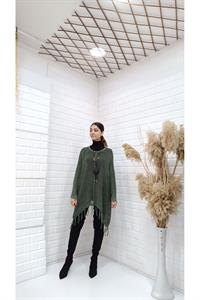 Kadın Bisiklet Yaka Etekleri Püsküllü Yarasa Kol Panço Bluz