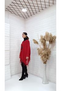 Kadın Bisiklet Yaka Etekleri Püsküllü Yarasa Kol Panço Bluz