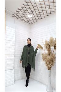 Kadın Bisiklet Yaka Etekleri Püsküllü Yarasa Kol Panço Bluz