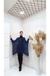 Kadın Bisiklet Yaka Etekleri Püsküllü Yarasa Kol Panço Bluz