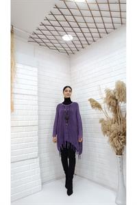 Kadın Bisiklet Yaka Etekleri Püsküllü Yarasa Kol Panço Bluz