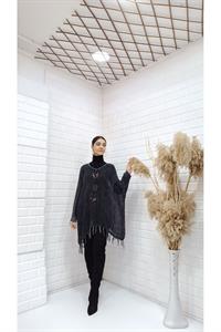 Kadın Bisiklet Yaka Etekleri Püsküllü Yarasa Kol Panço Bluz