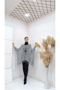 Kadın Bisiklet Yaka Etekleri Püsküllü Yarasa Kol Panço Bluz