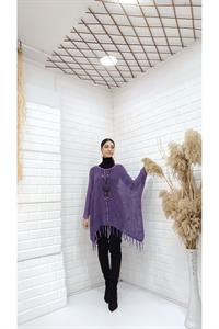 Kadın Bisiklet Yaka Etekleri Püsküllü Yarasa Kol Panço Bluz