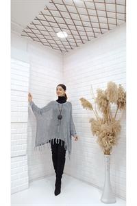 Kadın Bisiklet Yaka Etekleri Püsküllü Yarasa Kol Panço Bluz