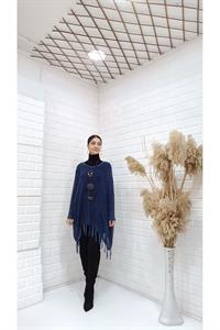 Kadın Bisiklet Yaka Etekleri Püsküllü Yarasa Kol Panço Bluz