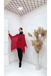 Kadın Bisiklet Yaka Etekleri Püsküllü Yarasa Kol Panço Bluz