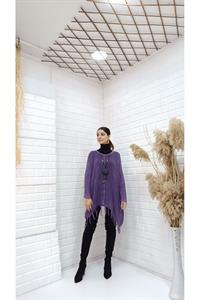 Kadın Bisiklet Yaka Etekleri Püsküllü Yarasa Kol Panço Bluz