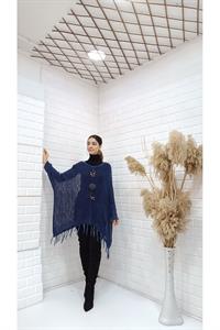 Kadın Bisiklet Yaka Etekleri Püsküllü Yarasa Kol Panço Bluz