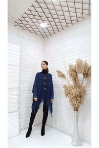 Kadın Bisiklet Yaka Etekleri Püsküllü Yarasa Kol Panço Bluz