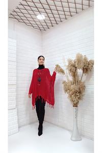 Kadın Bisiklet Yaka Etekleri Püsküllü Yarasa Kol Panço Bluz