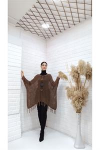 Kadın Bisiklet Yaka Etekleri Püsküllü Yarasa Kol Panço Bluz