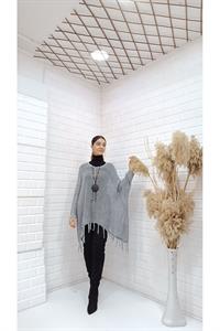 Kadın Bisiklet Yaka Etekleri Püsküllü Yarasa Kol Panço Bluz