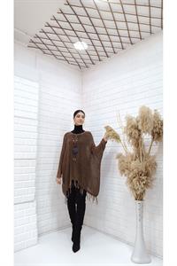 Kadın Bisiklet Yaka Etekleri Püsküllü Yarasa Kol Panço Bluz