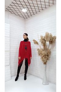 Kadın Bisiklet Yaka Etekleri Püsküllü Yarasa Kol Panço Bluz