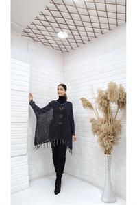 Kadın Bisiklet Yaka Etekleri Püsküllü Yarasa Kol Panço Bluz