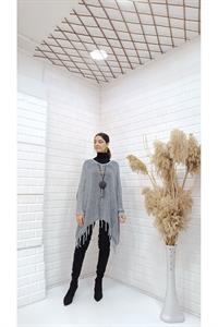 Kadın Bisiklet Yaka Etekleri Püsküllü Yarasa Kol Panço Bluz