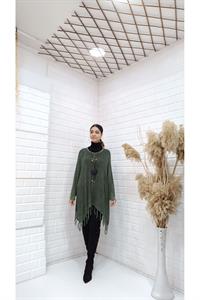 Kadın Bisiklet Yaka Etekleri Püsküllü Yarasa Kol Panço Bluz