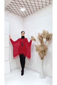 Kadın Bisiklet Yaka Etekleri Püsküllü Yarasa Kol Panço Bluz