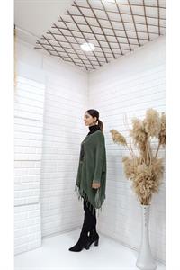 Kadın Bisiklet Yaka Etekleri Püsküllü Yarasa Kol Panço Bluz