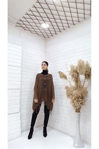 Kadın Bisiklet Yaka Etekleri Püsküllü Yarasa Kol Panço Bluz