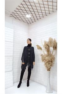 Kadın Bisiklet Yaka Etekleri Püsküllü Yarasa Kol Panço Bluz