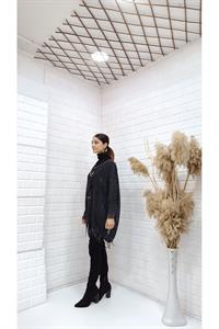 Kadın Bisiklet Yaka Etekleri Püsküllü Yarasa Kol Panço Bluz