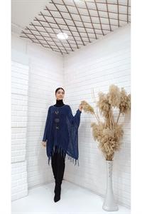 Kadın Bisiklet Yaka Etekleri Püsküllü Yarasa Kol Panço Bluz