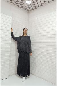 Kadın Bisiklet Yaka Etekleri Tül Detaylı Takım