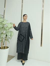 Kadın Bisiklet Yaka Patchwork Tunik Antrasit Siyah