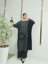 Kadın Bisiklet Yaka Patchwork Tunik Antrasit Siyah