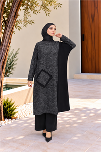 Kadın Bisiklet Yaka Patchwork Tunik Antrasit Siyah