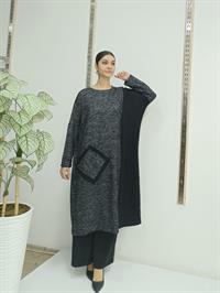 Kadın Bisiklet Yaka Patchwork Tunik Antrasit Siyah