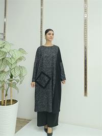 Kadın Bisiklet Yaka Patchwork Tunik Antrasit Siyah