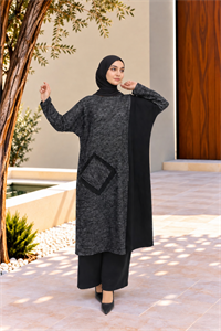 Kadın Bisiklet Yaka Patchwork Tunik Antrasit Siyah