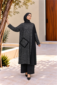 Kadın Bisiklet Yaka Patchwork Tunik Antrasit Siyah
