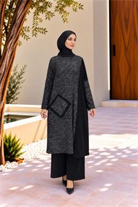 Kadın Bisiklet Yaka Patchwork Tunik Antrasit Siyah