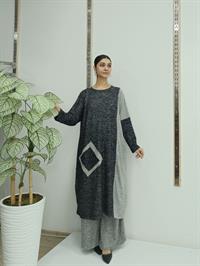 Kadın Bisiklet Yaka Patchwork Tunik Siyah Gri