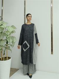 Kadın Bisiklet Yaka Patchwork Tunik Siyah Gri