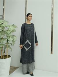 Kadın Bisiklet Yaka Patchwork Tunik Siyah Gri