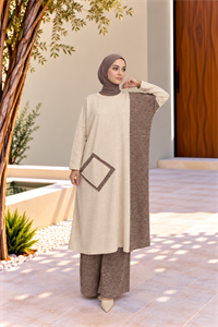 Kadın Bisiklet Yaka Patchwork Tunik Krem Kahve