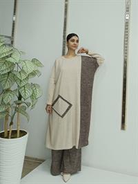 Kadın Bisiklet Yaka Patchwork Tunik Krem Kahve