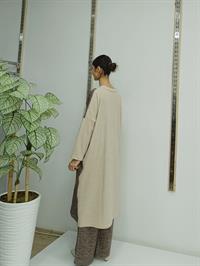 Kadın Bisiklet Yaka Patchwork Tunik Krem Kahve