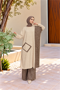 Kadın Bisiklet Yaka Patchwork Tunik Krem Kahve