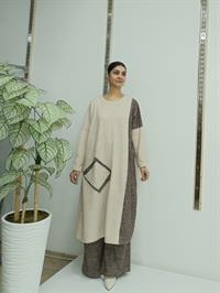 Kadın Bisiklet Yaka Patchwork Tunik Krem Kahve